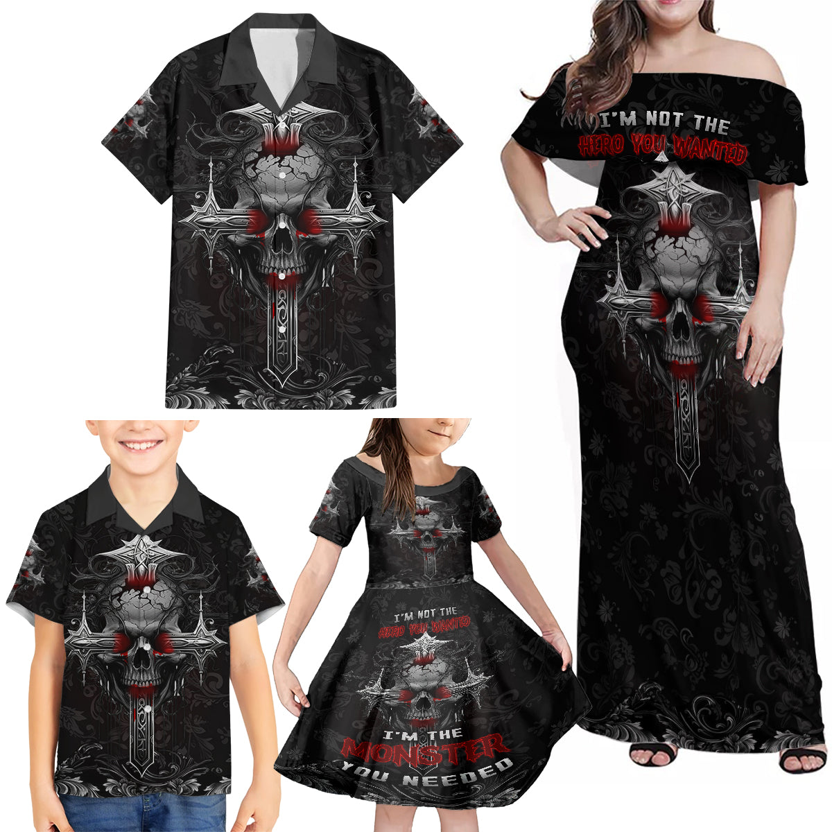 I'm Not The Hero You Wanted I'm The Monster You Needed Family Matching Off Shoulder Maxi Dress and Hawaiian Shirt - Wonder Print Shop