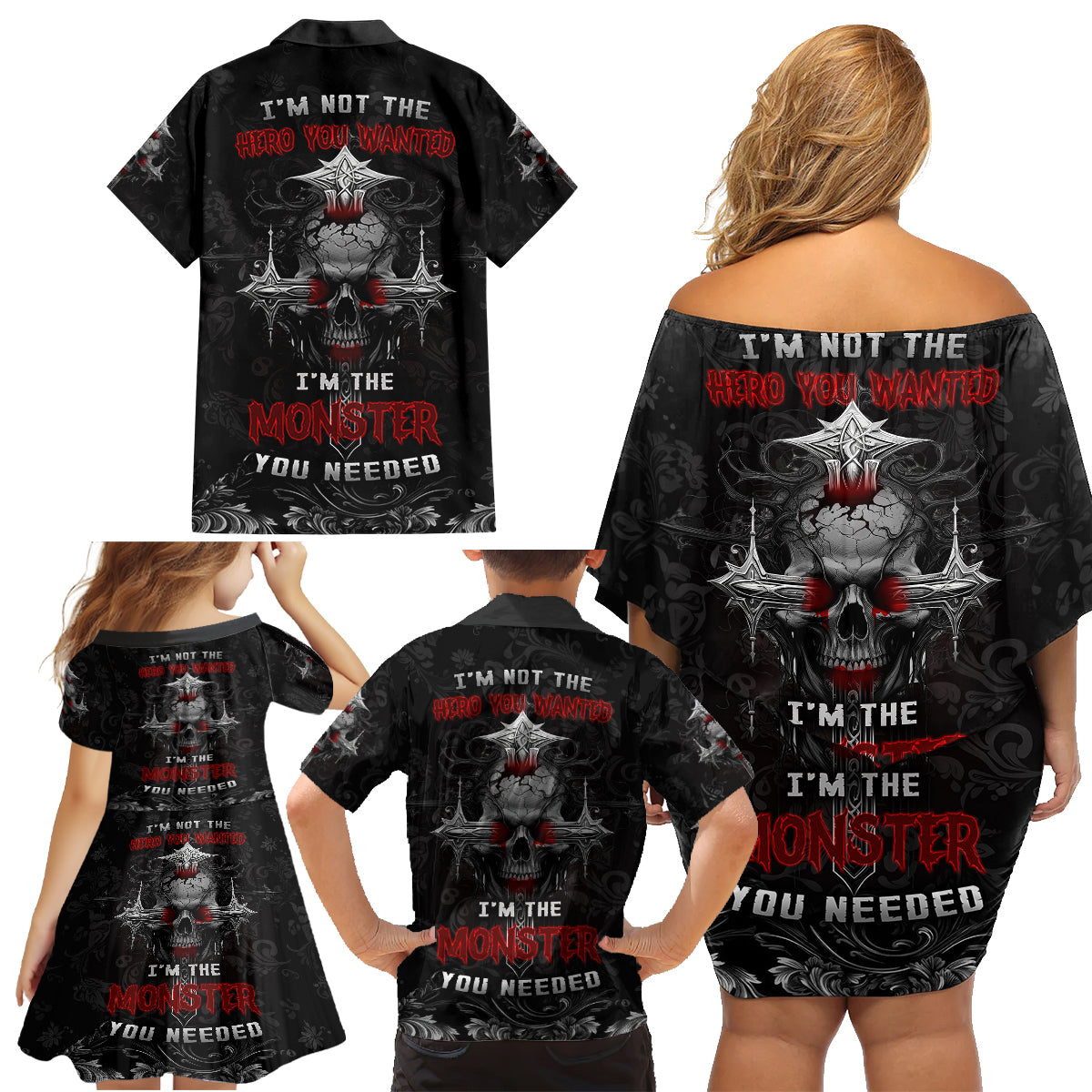 I'm Not The Hero You Wanted I'm The Monster You Needed Family Matching Off Shoulder Short Dress and Hawaiian Shirt - Wonder Print Shop