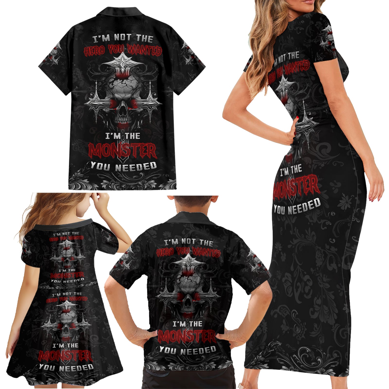 I'm Not The Hero You Wanted I'm The Monster You Needed Family Matching Short Sleeve Bodycon Dress and Hawaiian Shirt - Wonder Print Shop