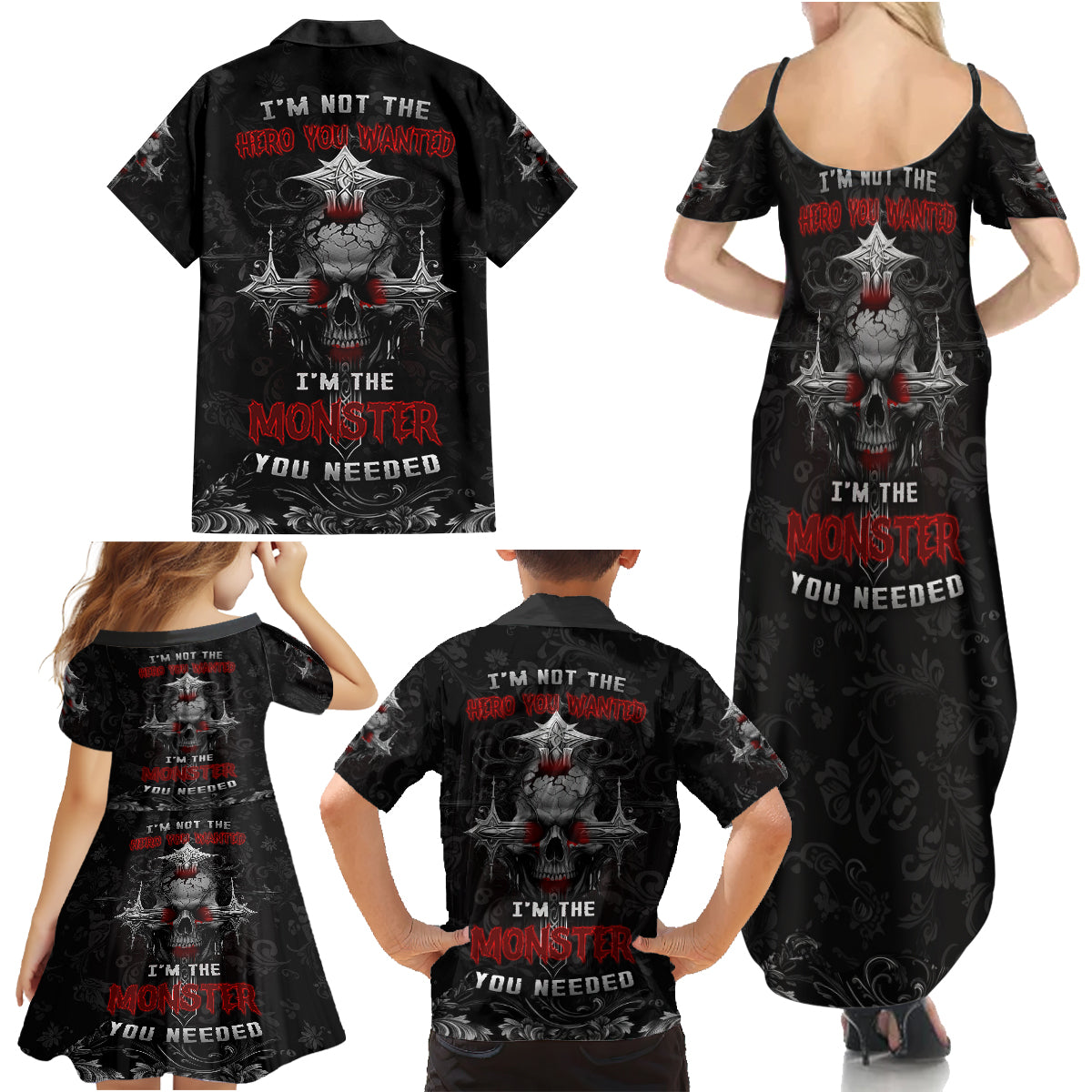 I'm Not The Hero You Wanted I'm The Monster You Needed Family Matching Summer Maxi Dress and Hawaiian Shirt - Wonder Print Shop