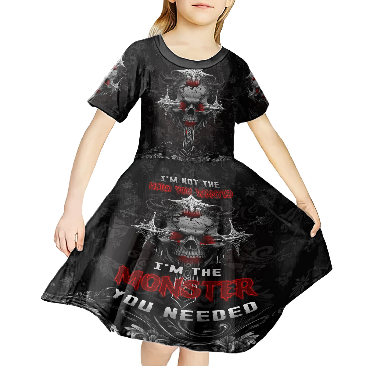 I'm Not The Hero You Wanted I'm The Monster You Needed Kid Short Sleeve Dress - Wonder Print Shop