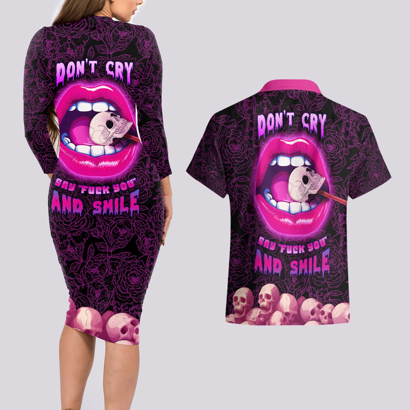 Skull Couples Matching Long Sleeve Bodycon Dress and Hawaiian Shirt Don't Cry Say Fuck You And Smile - Wonder Print Shop