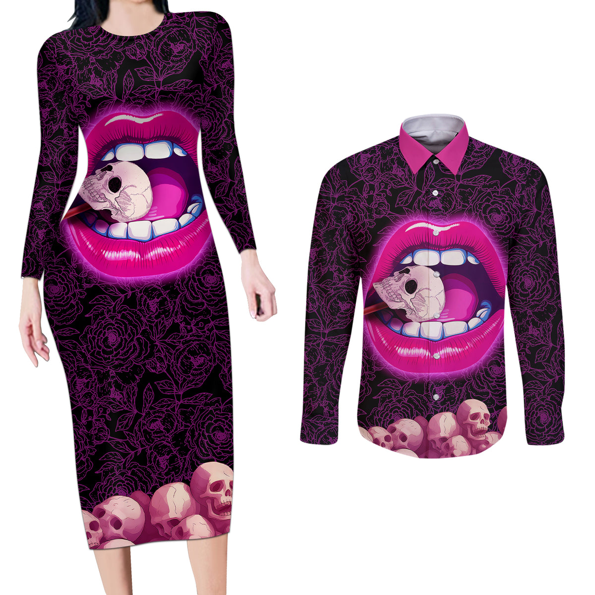 Skull Couples Matching Long Sleeve Bodycon Dress and Long Sleeve Button Shirts Don't Cry Say Fuck You And Smile - Wonder Print Shop