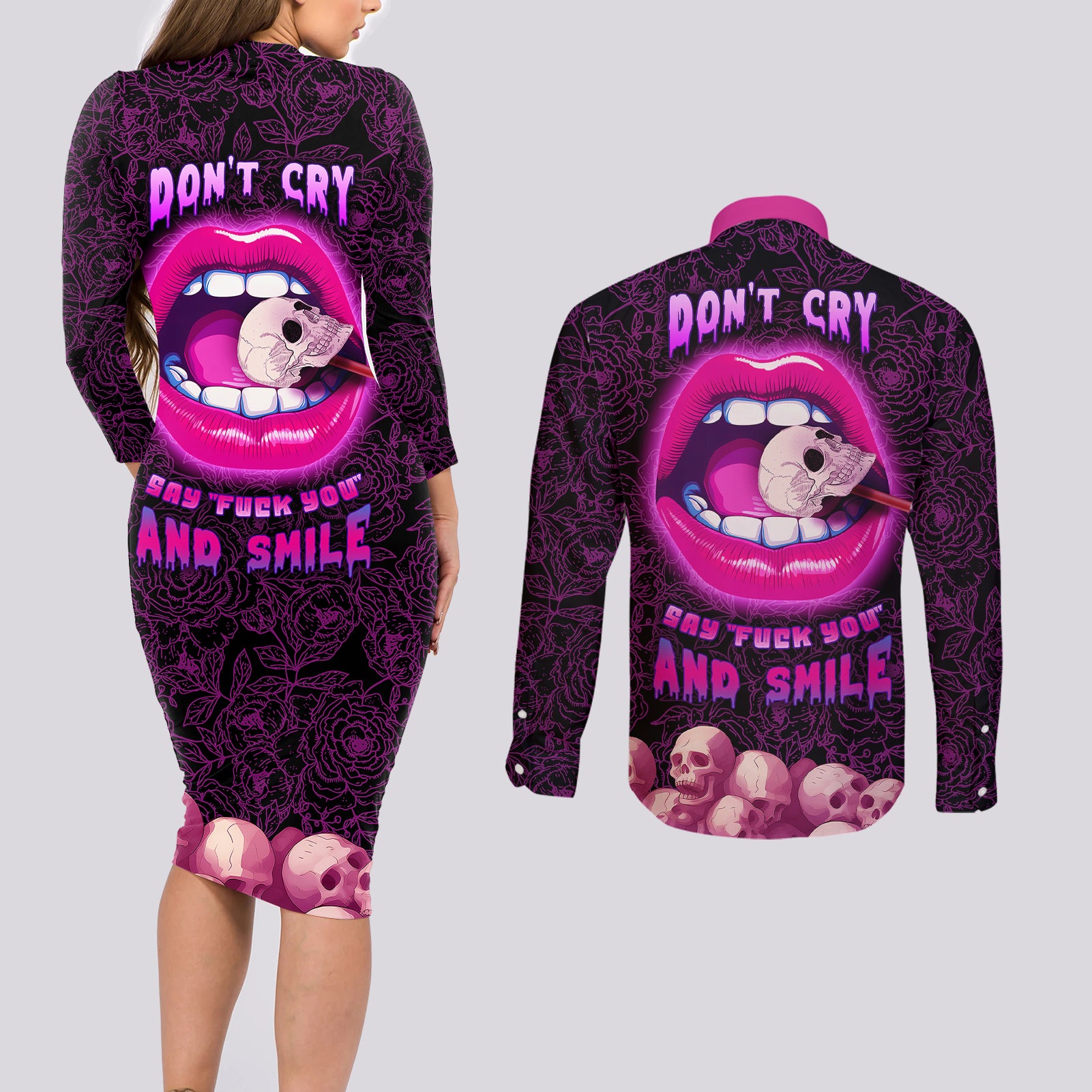 Skull Couples Matching Long Sleeve Bodycon Dress and Long Sleeve Button Shirts Don't Cry Say Fuck You And Smile - Wonder Print Shop