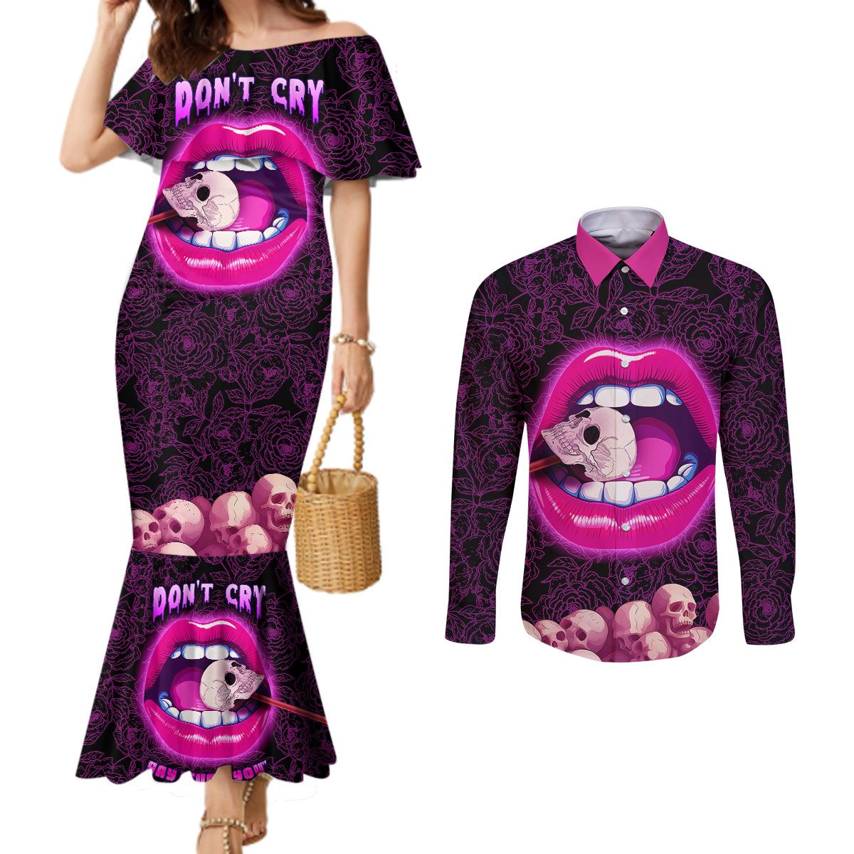 skull-couples-matching-mermaid-dress-and-long-sleeve-button-shirts-dont-cry-say-fuck-you-and-smile