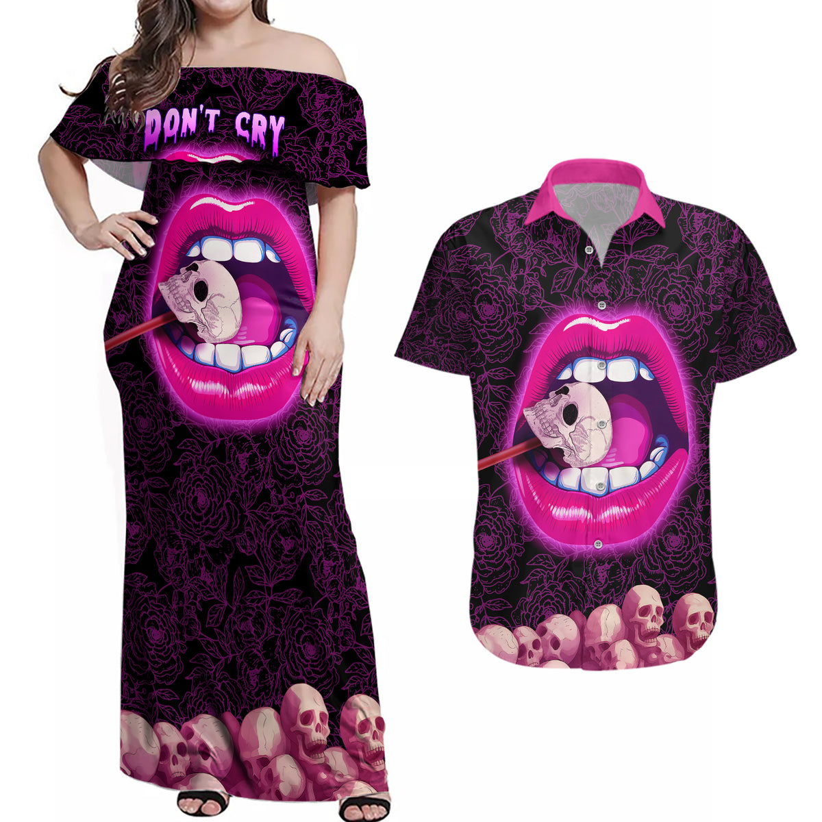 Skull Couples Matching Off Shoulder Maxi Dress and Hawaiian Shirt Don't Cry Say Fuck You And Smile - Wonder Print Shop