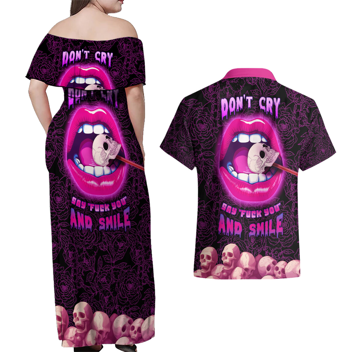 Skull Couples Matching Off Shoulder Maxi Dress and Hawaiian Shirt Don't Cry Say Fuck You And Smile - Wonder Print Shop
