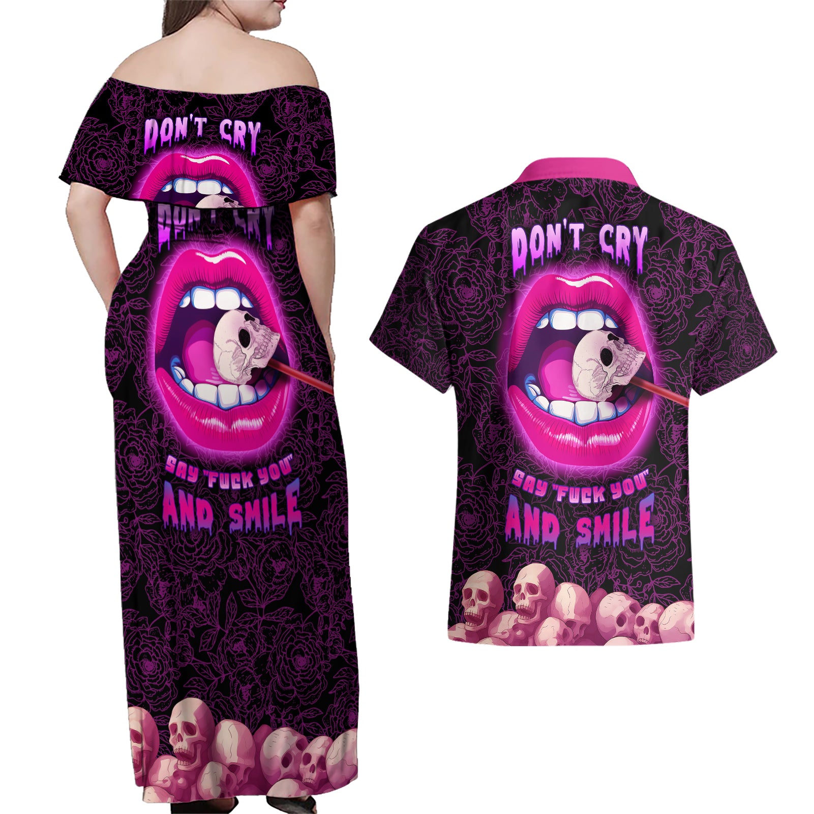 Skull Couples Matching Off Shoulder Maxi Dress and Hawaiian Shirt Don't Cry Say Fuck You And Smile - Wonder Print Shop