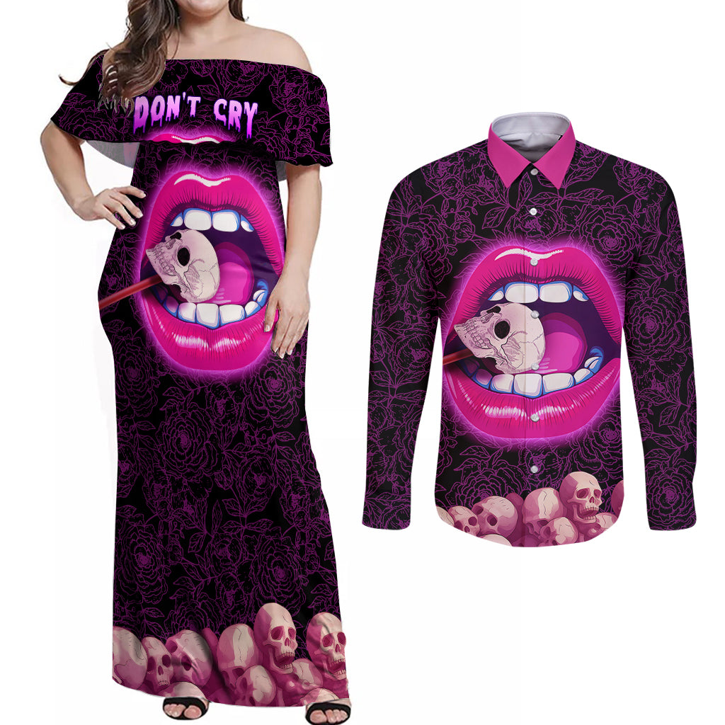 Skull Couples Matching Off Shoulder Maxi Dress and Long Sleeve Button Shirts Don't Cry Say Fuck You And Smile - Wonder Print Shop