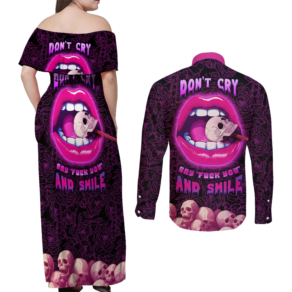 Skull Couples Matching Off Shoulder Maxi Dress and Long Sleeve Button Shirts Don't Cry Say Fuck You And Smile - Wonder Print Shop