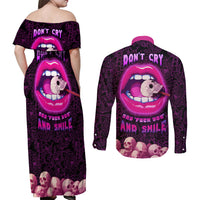 Skull Couples Matching Off Shoulder Maxi Dress and Long Sleeve Button Shirts Don't Cry Say Fuck You And Smile - Wonder Print Shop