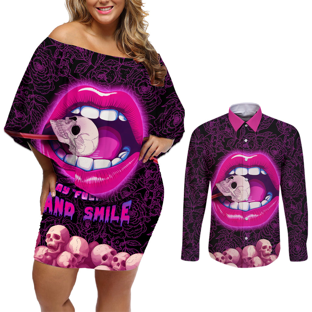 Skull Couples Matching Off Shoulder Short Dress and Long Sleeve Button Shirts Don't Cry Say Fuck You And Smile - Wonder Print Shop