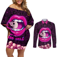 Skull Couples Matching Off Shoulder Short Dress and Long Sleeve Button Shirts Don't Cry Say Fuck You And Smile - Wonder Print Shop