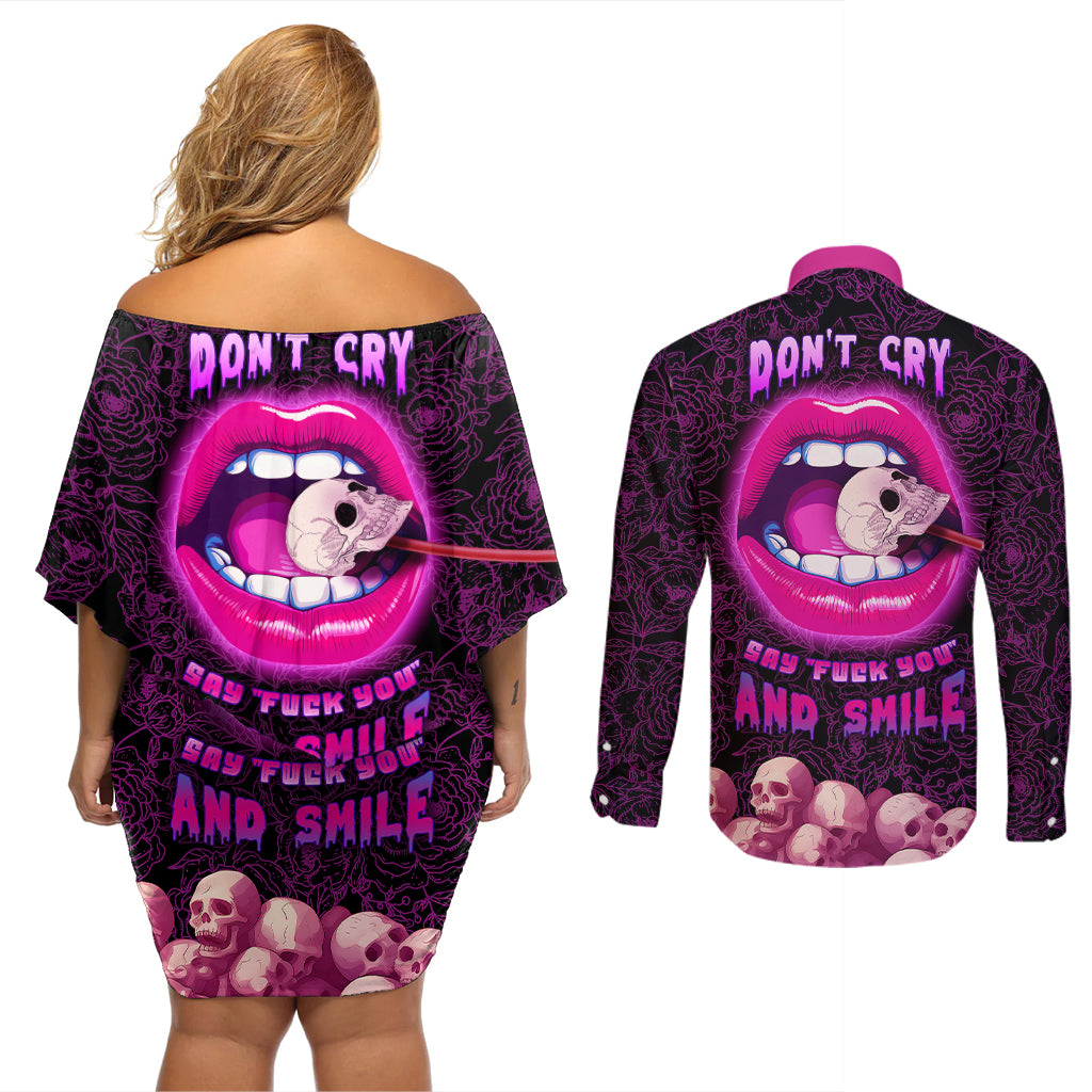 Skull Couples Matching Off Shoulder Short Dress and Long Sleeve Button Shirts Don't Cry Say Fuck You And Smile - Wonder Print Shop