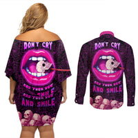 Skull Couples Matching Off Shoulder Short Dress and Long Sleeve Button Shirts Don't Cry Say Fuck You And Smile - Wonder Print Shop