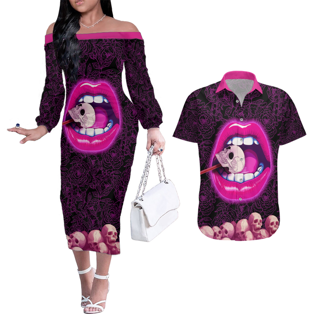 Skull Couples Matching Off The Shoulder Long Sleeve Dress and Hawaiian Shirt Don't Cry Say Fuck You And Smile - Wonder Print Shop