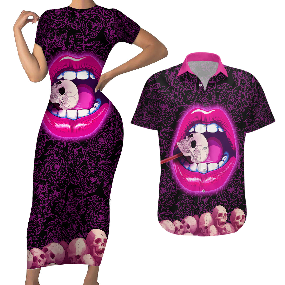 Skull Couples Matching Short Sleeve Bodycon Dress and Hawaiian Shirt Don't Cry Say Fuck You And Smile - Wonder Print Shop