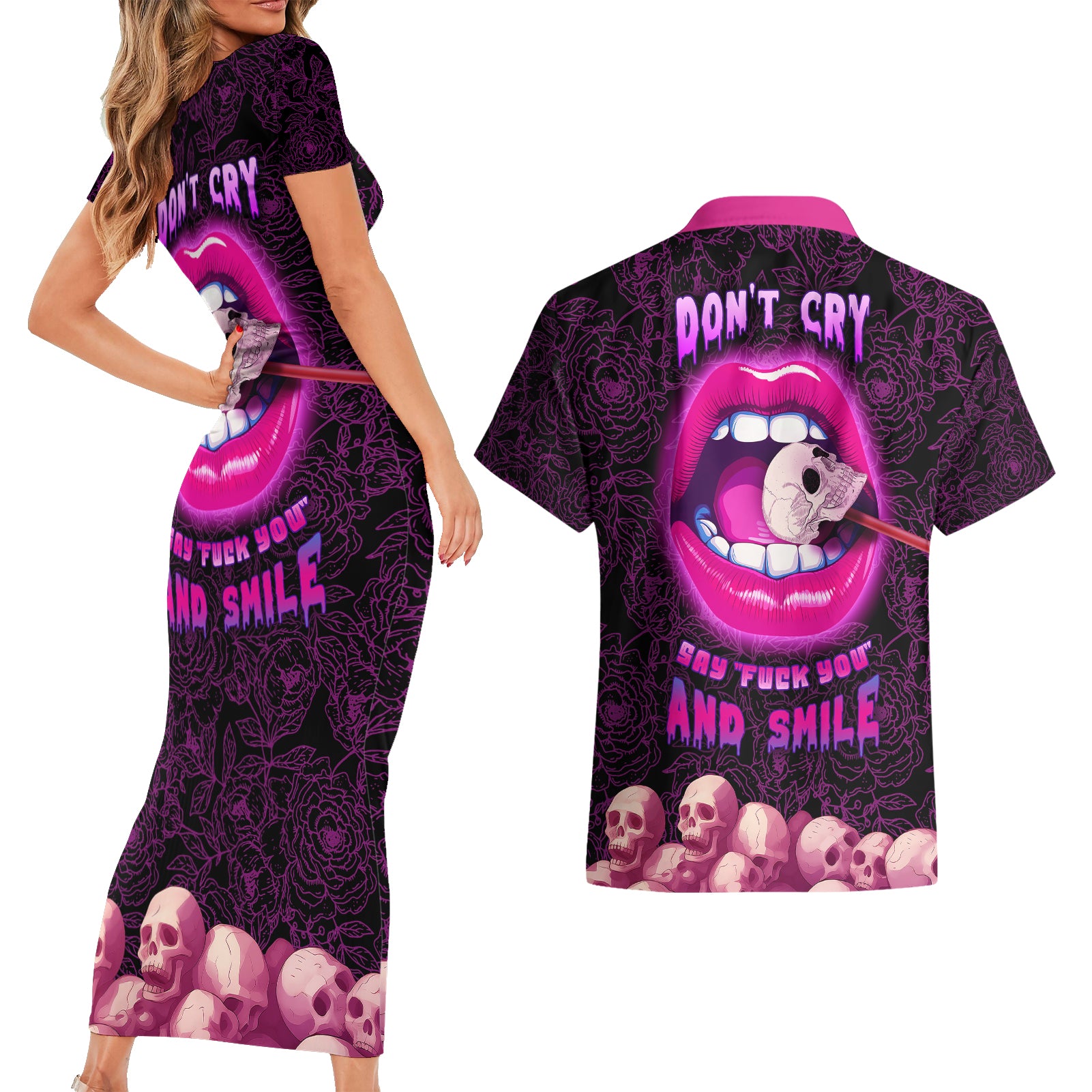 Skull Couples Matching Short Sleeve Bodycon Dress and Hawaiian Shirt Don't Cry Say Fuck You And Smile - Wonder Print Shop