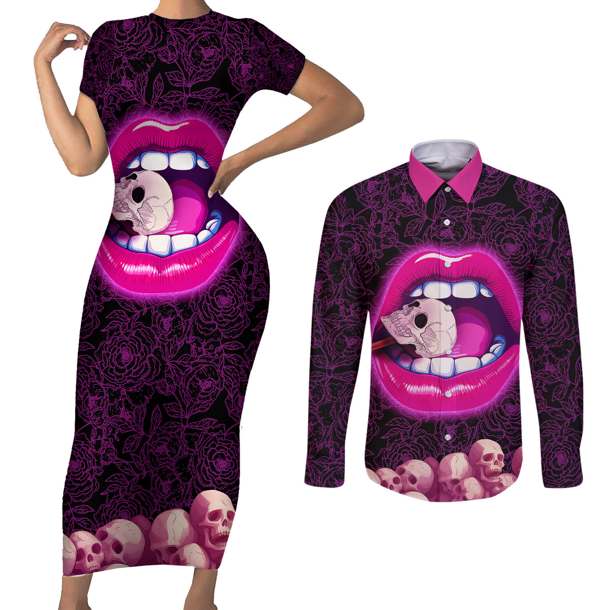 Skull Couples Matching Short Sleeve Bodycon Dress and Long Sleeve Button Shirts Don't Cry Say Fuck You And Smile - Wonder Print Shop
