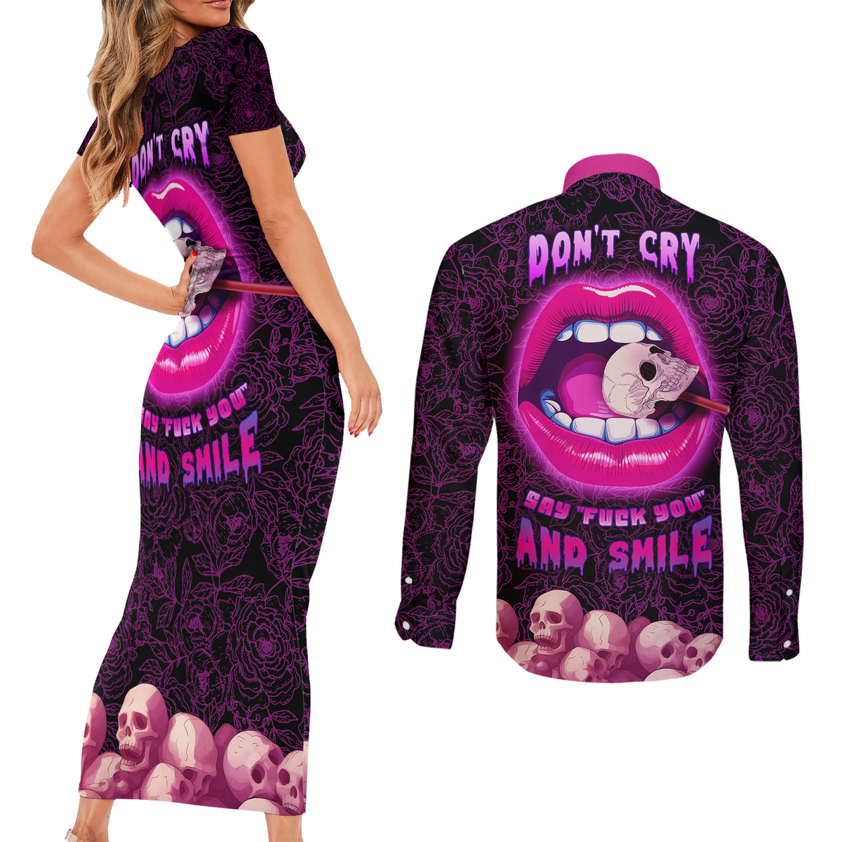 Skull Couples Matching Short Sleeve Bodycon Dress and Long Sleeve Button Shirts Don't Cry Say Fuck You And Smile - Wonder Print Shop