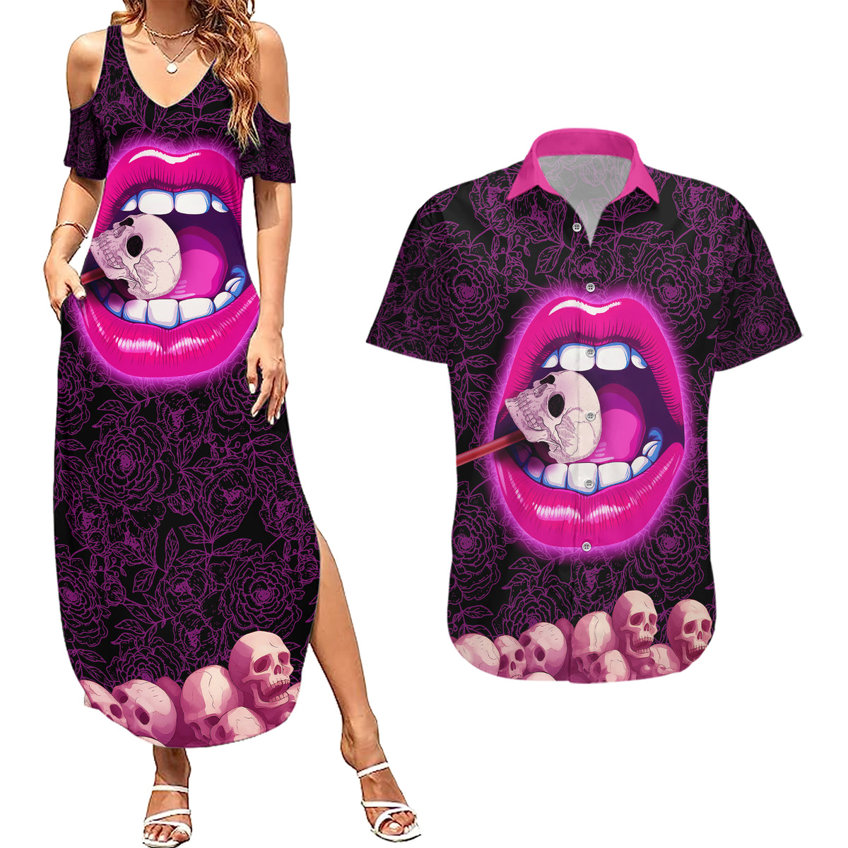 Skull Couples Matching Summer Maxi Dress and Hawaiian Shirt Don't Cry Say Fuck You And Smile - Wonder Print Shop
