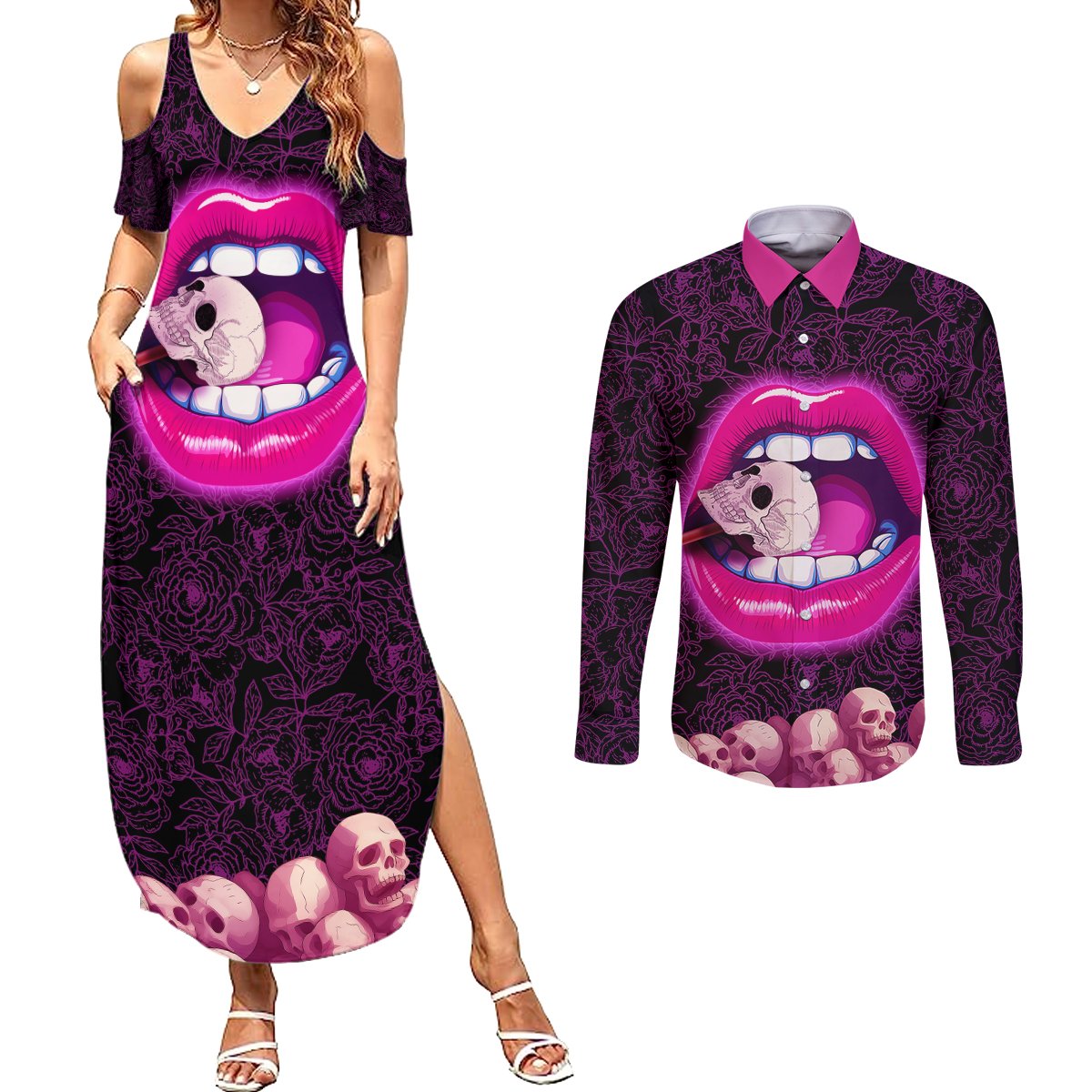 Skull Couples Matching Summer Maxi Dress and Long Sleeve Button Shirts Don't Cry Say Fuck You And Smile - Wonder Print Shop