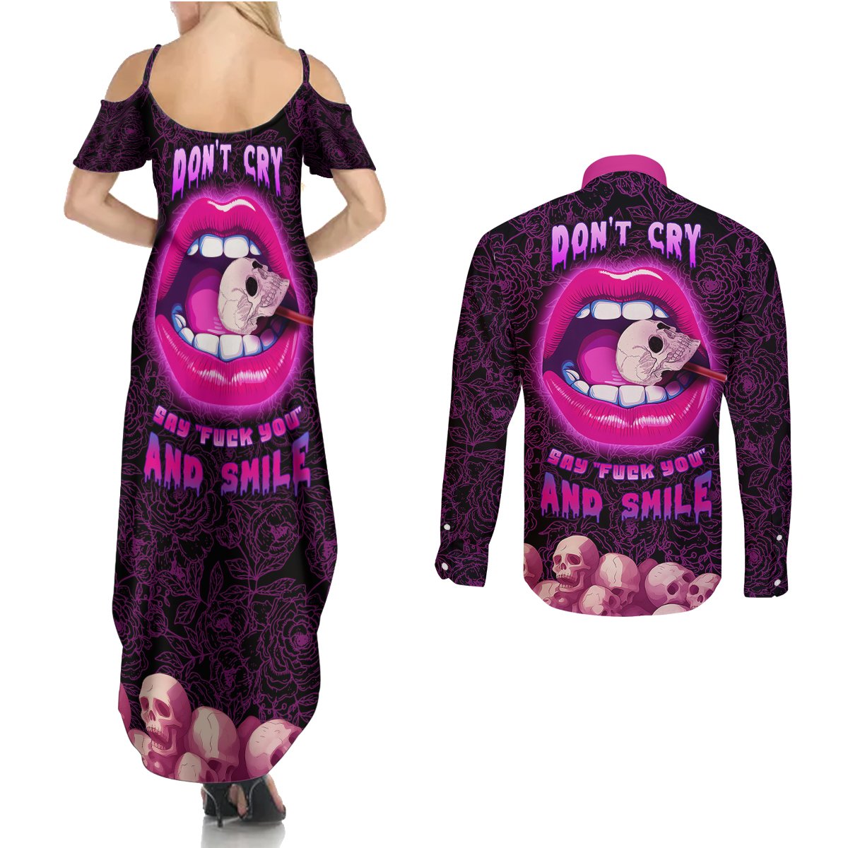 Skull Couples Matching Summer Maxi Dress and Long Sleeve Button Shirts Don't Cry Say Fuck You And Smile - Wonder Print Shop