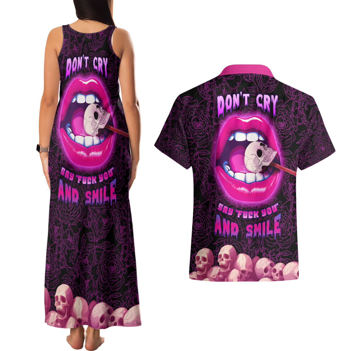 Skull Couples Matching Tank Maxi Dress and Hawaiian Shirt Don't Cry Say Fuck You And Smile - Wonder Print Shop