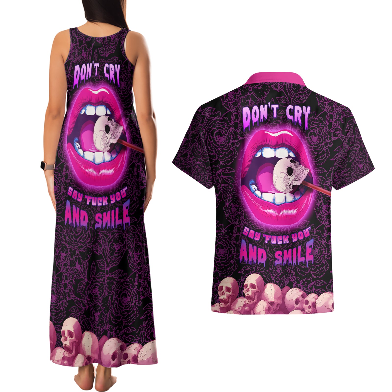 Skull Couples Matching Tank Maxi Dress and Hawaiian Shirt Don't Cry Say Fuck You And Smile - Wonder Print Shop