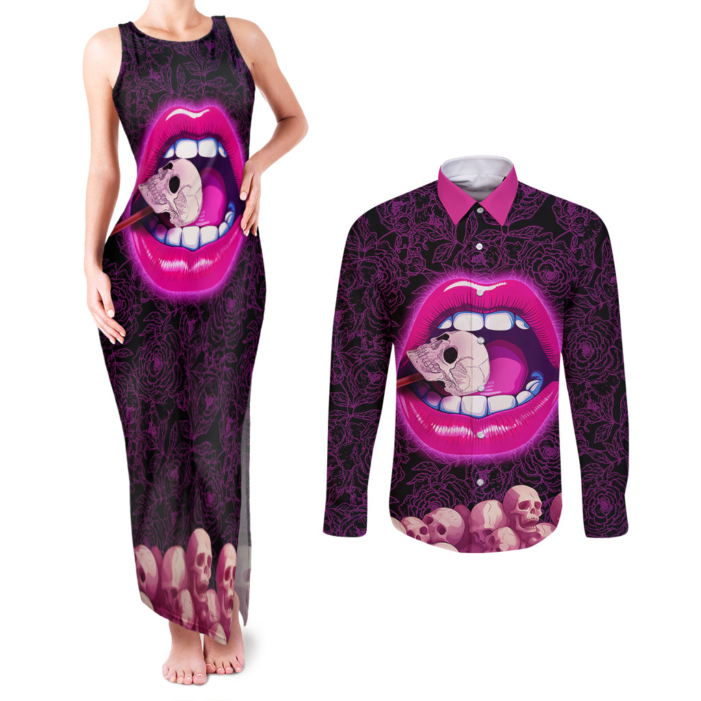 Skull Couples Matching Tank Maxi Dress and Long Sleeve Button Shirts Don't Cry Say Fuck You And Smile - Wonder Print Shop