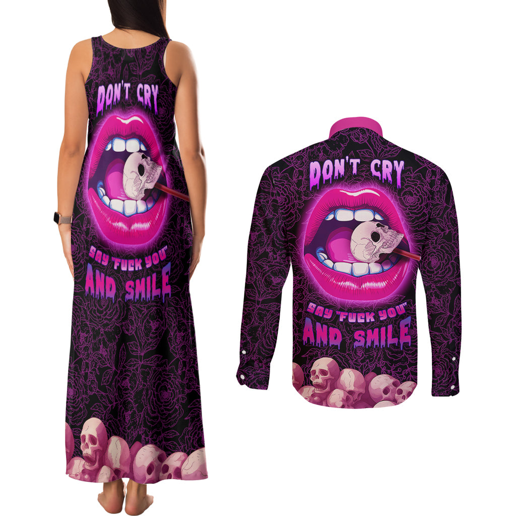 Skull Couples Matching Tank Maxi Dress and Long Sleeve Button Shirts Don't Cry Say Fuck You And Smile - Wonder Print Shop