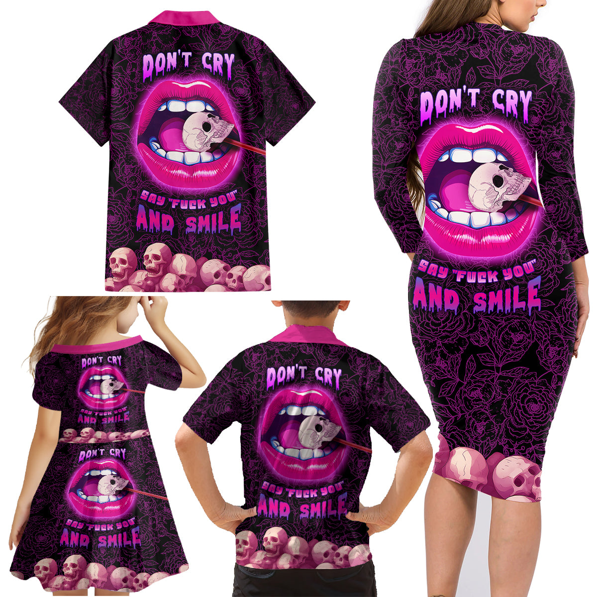 Skull Family Matching Long Sleeve Bodycon Dress and Hawaiian Shirt Don't Cry Say Fuck You And Smile - Wonder Print Shop