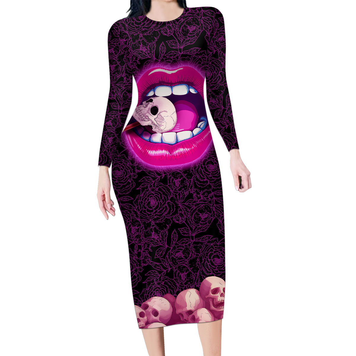 Skull Family Matching Long Sleeve Bodycon Dress and Hawaiian Shirt Don't Cry Say Fuck You And Smile - Wonder Print Shop