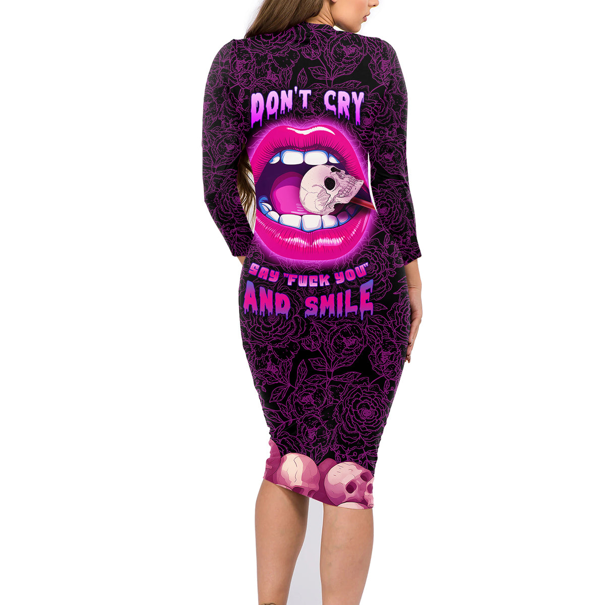 Skull Family Matching Long Sleeve Bodycon Dress and Hawaiian Shirt Don't Cry Say Fuck You And Smile - Wonder Print Shop
