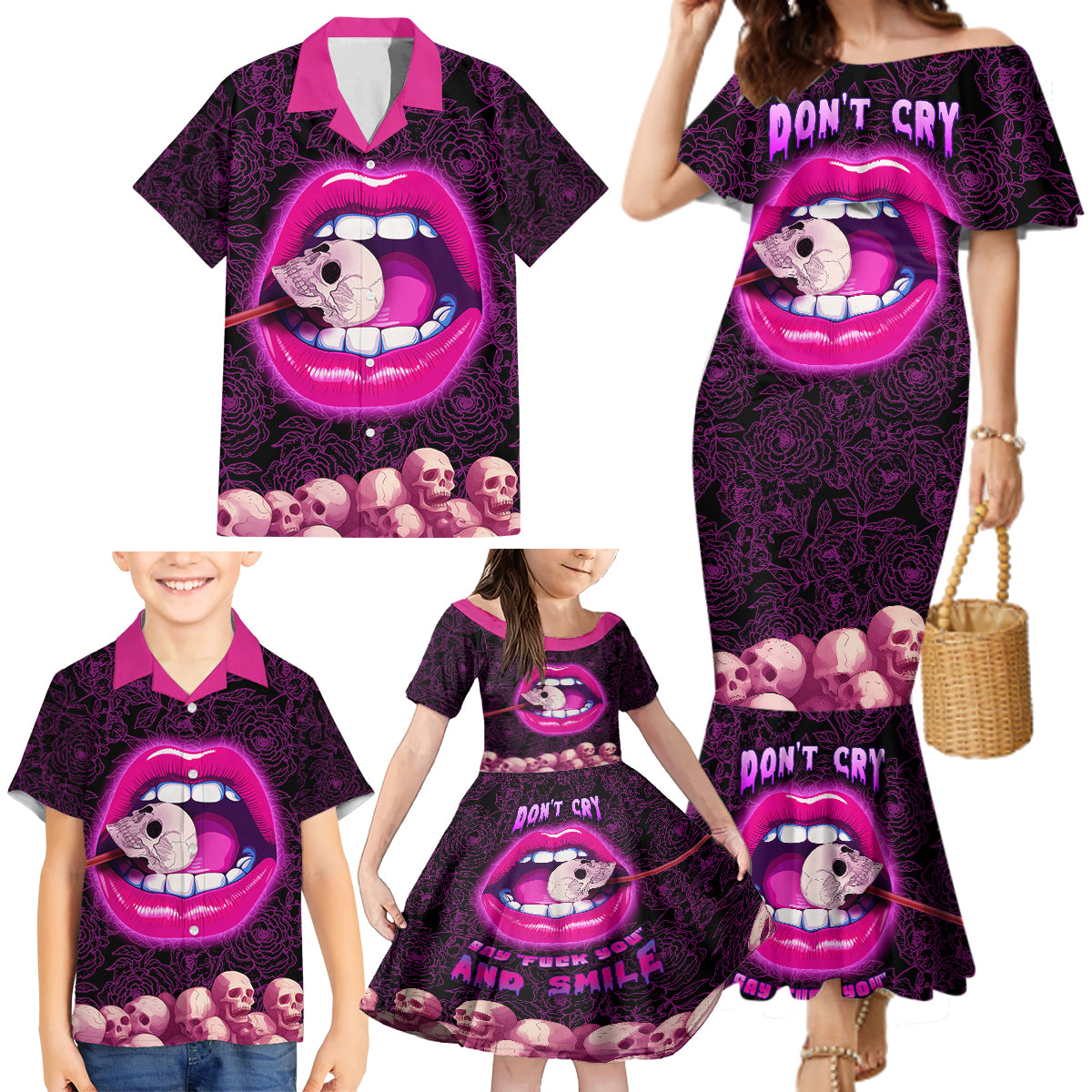 Skull Family Matching Mermaid Dress and Hawaiian Shirt Don't Cry Say Fuck You And Smile - Wonder Print Shop