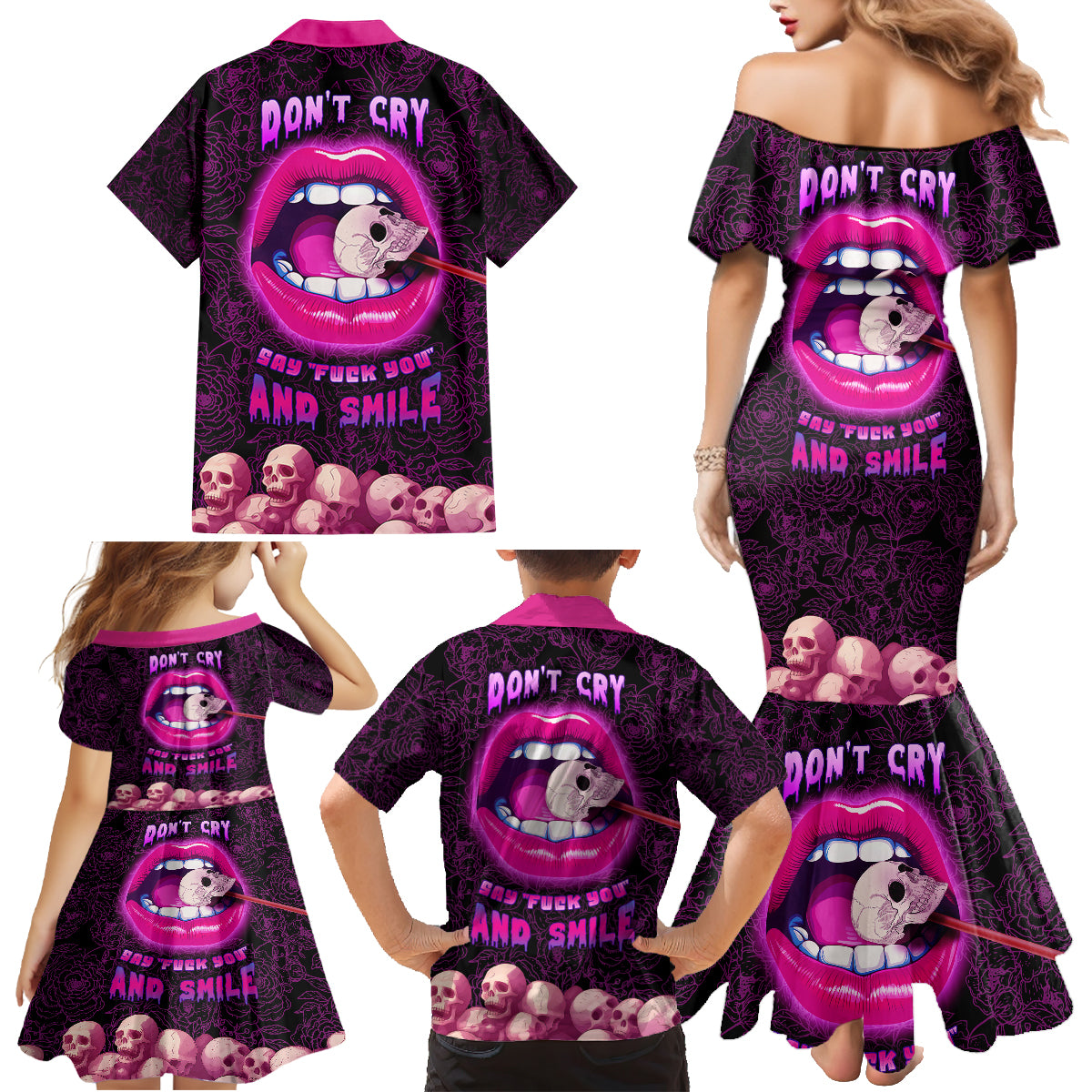 Skull Family Matching Mermaid Dress and Hawaiian Shirt Don't Cry Say Fuck You And Smile - Wonder Print Shop