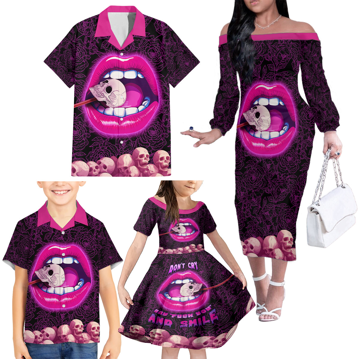 Skull Family Matching Off Shoulder Long Sleeve Dress and Hawaiian Shirt Don't Cry Say Fuck You And Smile - Wonder Print Shop