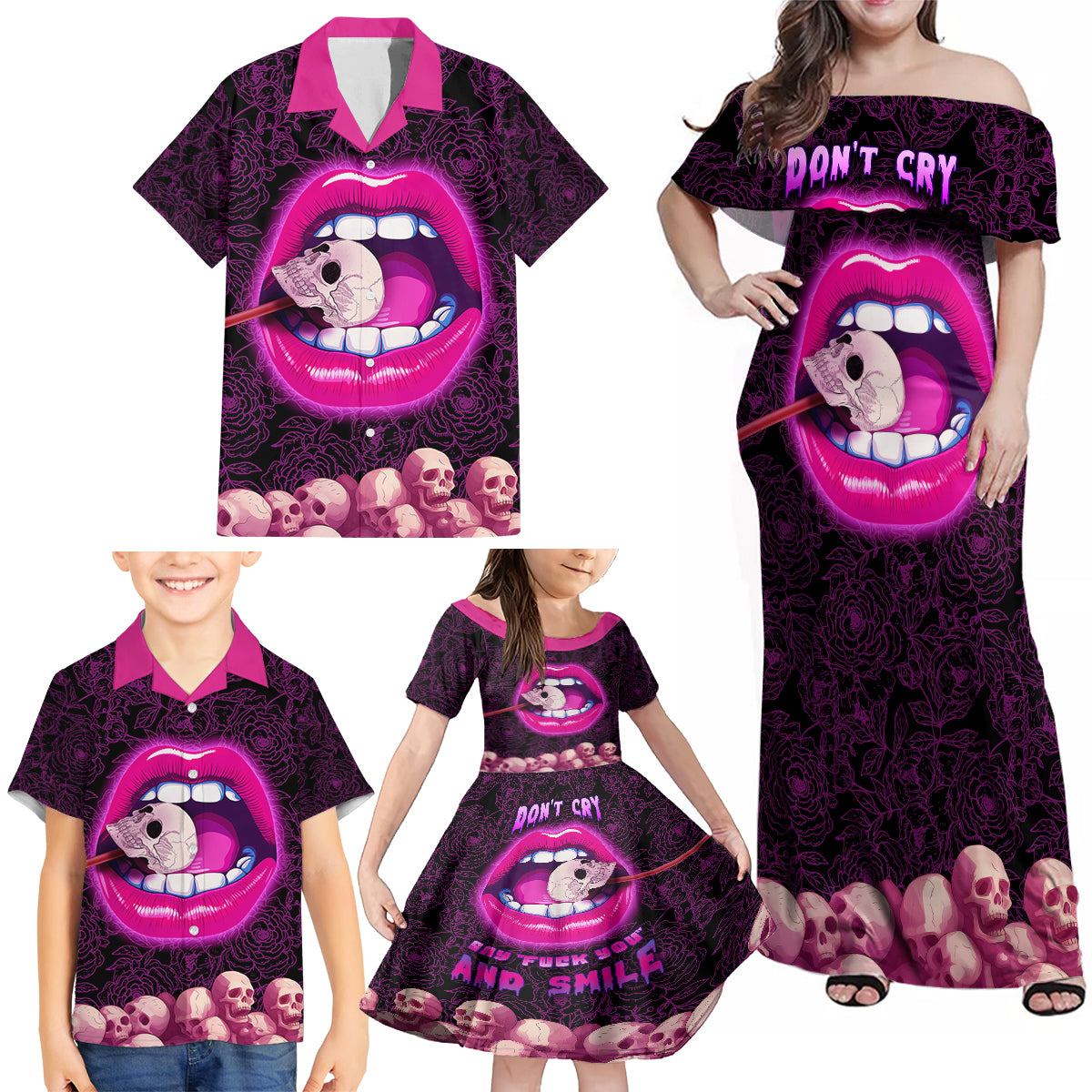 Skull Family Matching Off Shoulder Maxi Dress and Hawaiian Shirt Don't Cry Say Fuck You And Smile - Wonder Print Shop