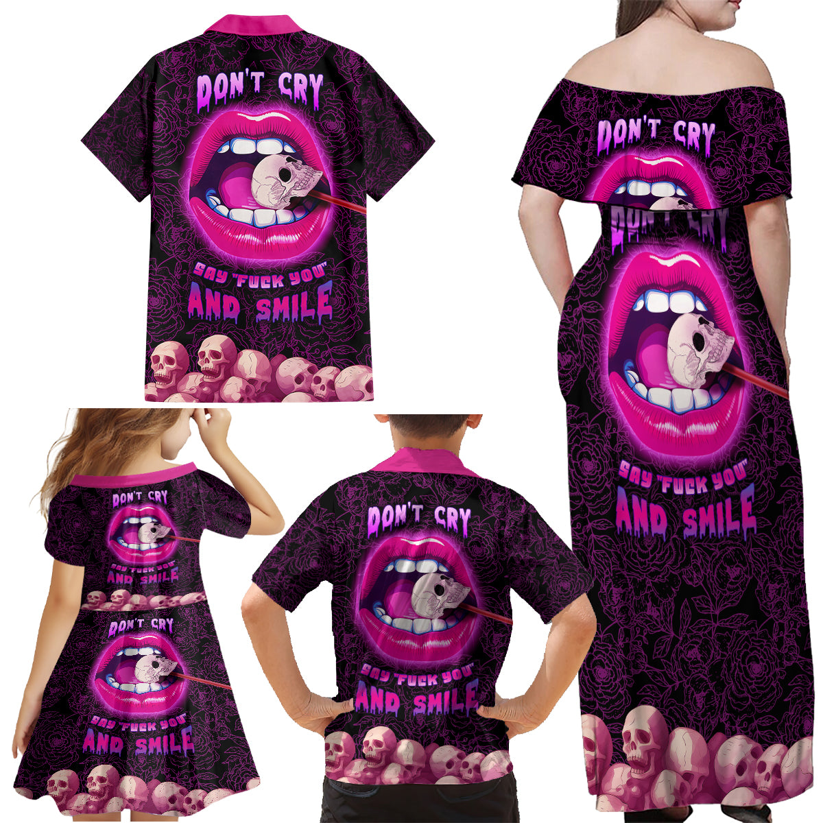 Skull Family Matching Off Shoulder Maxi Dress and Hawaiian Shirt Don't Cry Say Fuck You And Smile - Wonder Print Shop