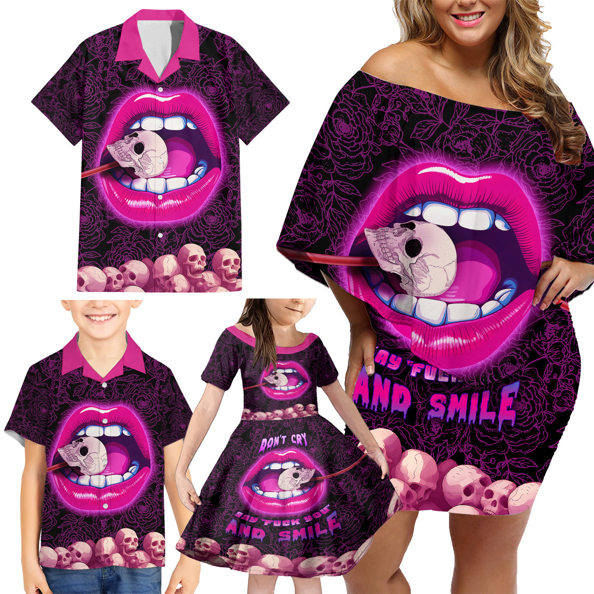 Skull Family Matching Off Shoulder Short Dress and Hawaiian Shirt Don't Cry Say Fuck You And Smile - Wonder Print Shop