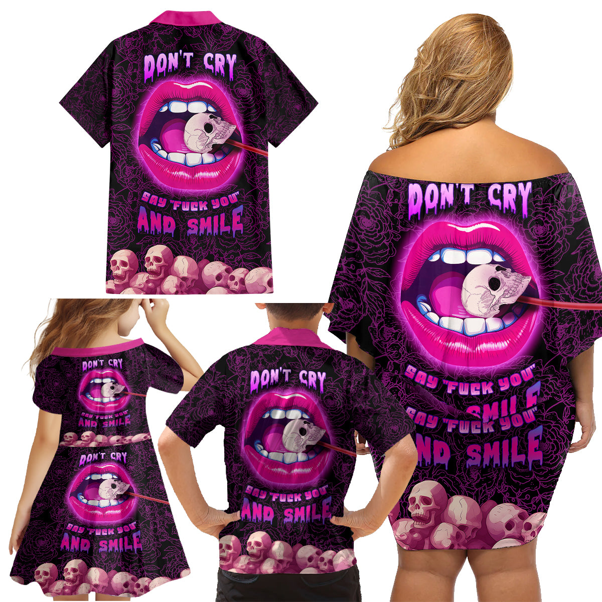 Skull Family Matching Off Shoulder Short Dress and Hawaiian Shirt Don't Cry Say Fuck You And Smile - Wonder Print Shop