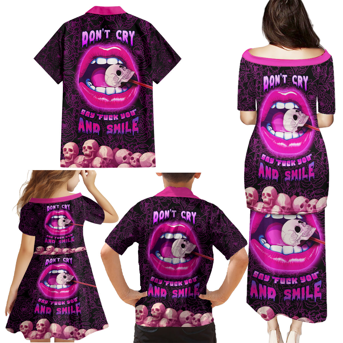 Skull Family Matching Puletasi Dress and Hawaiian Shirt Don't Cry Say Fuck You And Smile - Wonder Print Shop