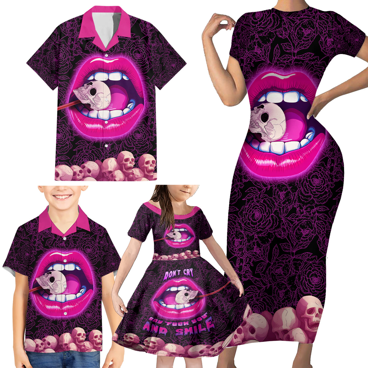 Skull Family Matching Short Sleeve Bodycon Dress and Hawaiian Shirt Don't Cry Say Fuck You And Smile - Wonder Print Shop