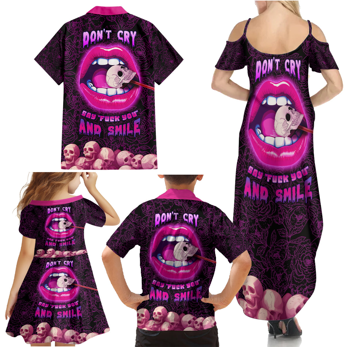 Skull Family Matching Summer Maxi Dress and Hawaiian Shirt Don't Cry Say Fuck You And Smile - Wonder Print Shop