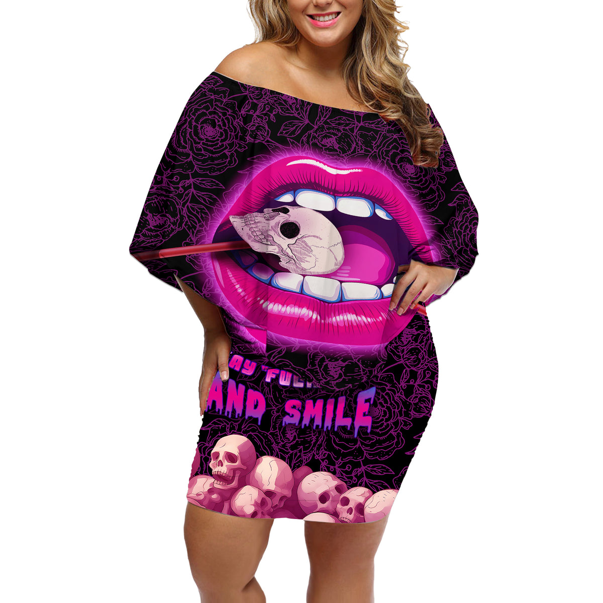 Skull Off Shoulder Short Dress Don't Cry Say Fuck You And Smile - Wonder Print Shop