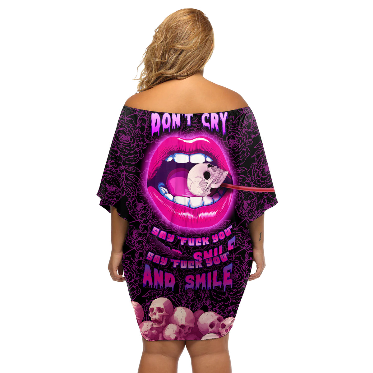 Skull Off Shoulder Short Dress Don't Cry Say Fuck You And Smile - Wonder Print Shop