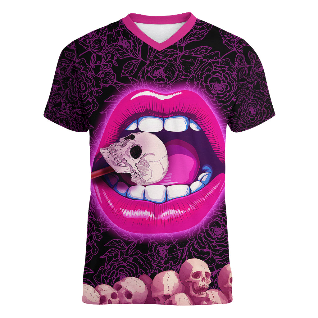 Skull Women V Neck T Shirt Don't Cry Say Fuck You And Smile - Wonder Print Shop