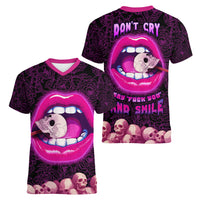 Skull Women V Neck T Shirt Don't Cry Say Fuck You And Smile - Wonder Print Shop