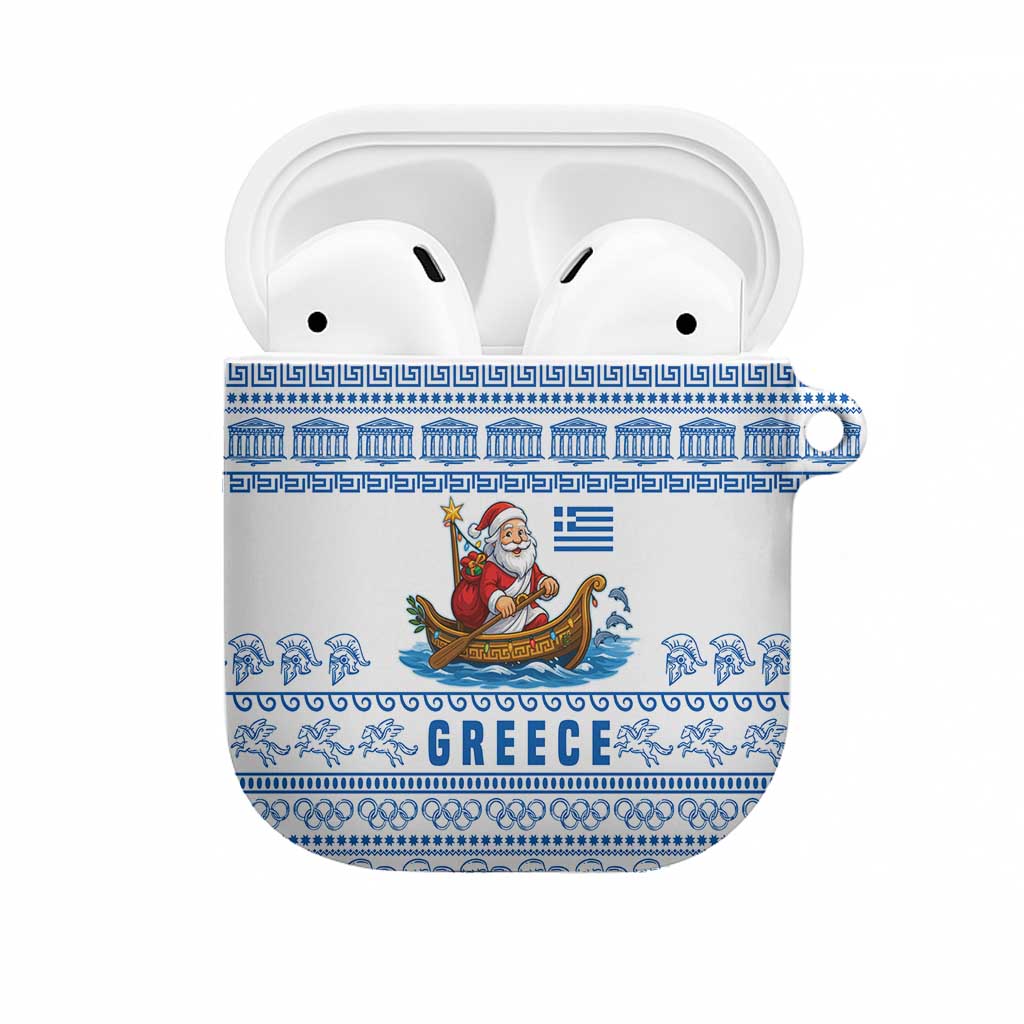 Greece Christmas AirPods Case with Santa Rowing Boat Greek Flag Laurel Wreath Parthenon and Blue White Pattern Design - Wonder Print Shop