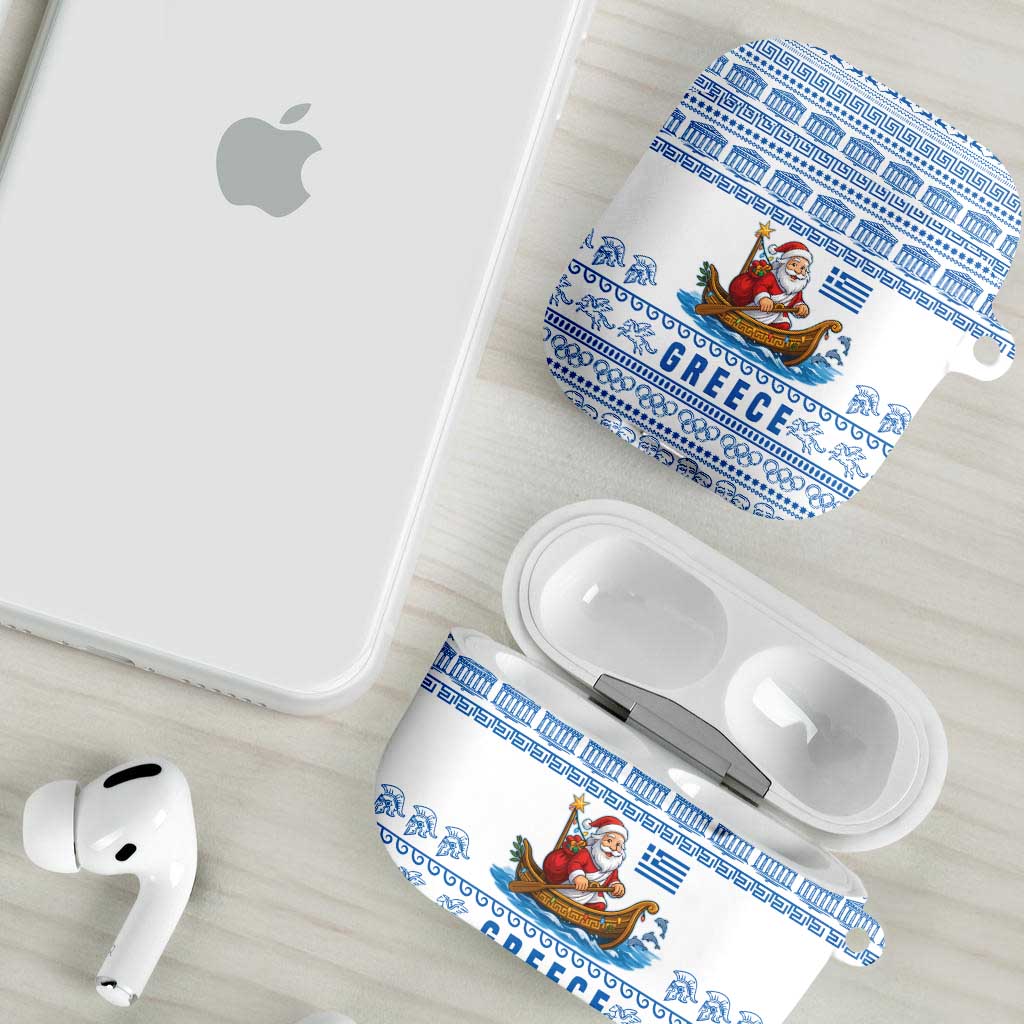 Greece Christmas AirPods Case with Santa Rowing Boat Greek Flag Laurel Wreath Parthenon and Blue White Pattern Design - Wonder Print Shop